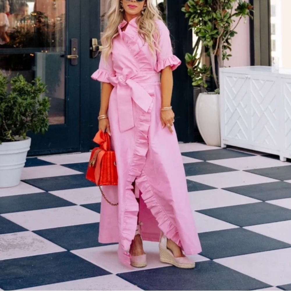 Anne Claire Ruffle Wrap Maxi Dress in Candy Pink - Small